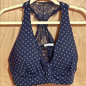 Maurices Bralette. Size 3. Navy blue and white polka-dot with floral lace back